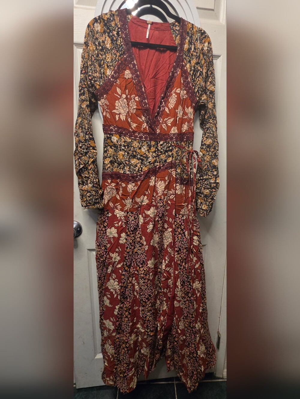 Free People Rust Floral Mixed-Print Faux Wrap Maxi Dress